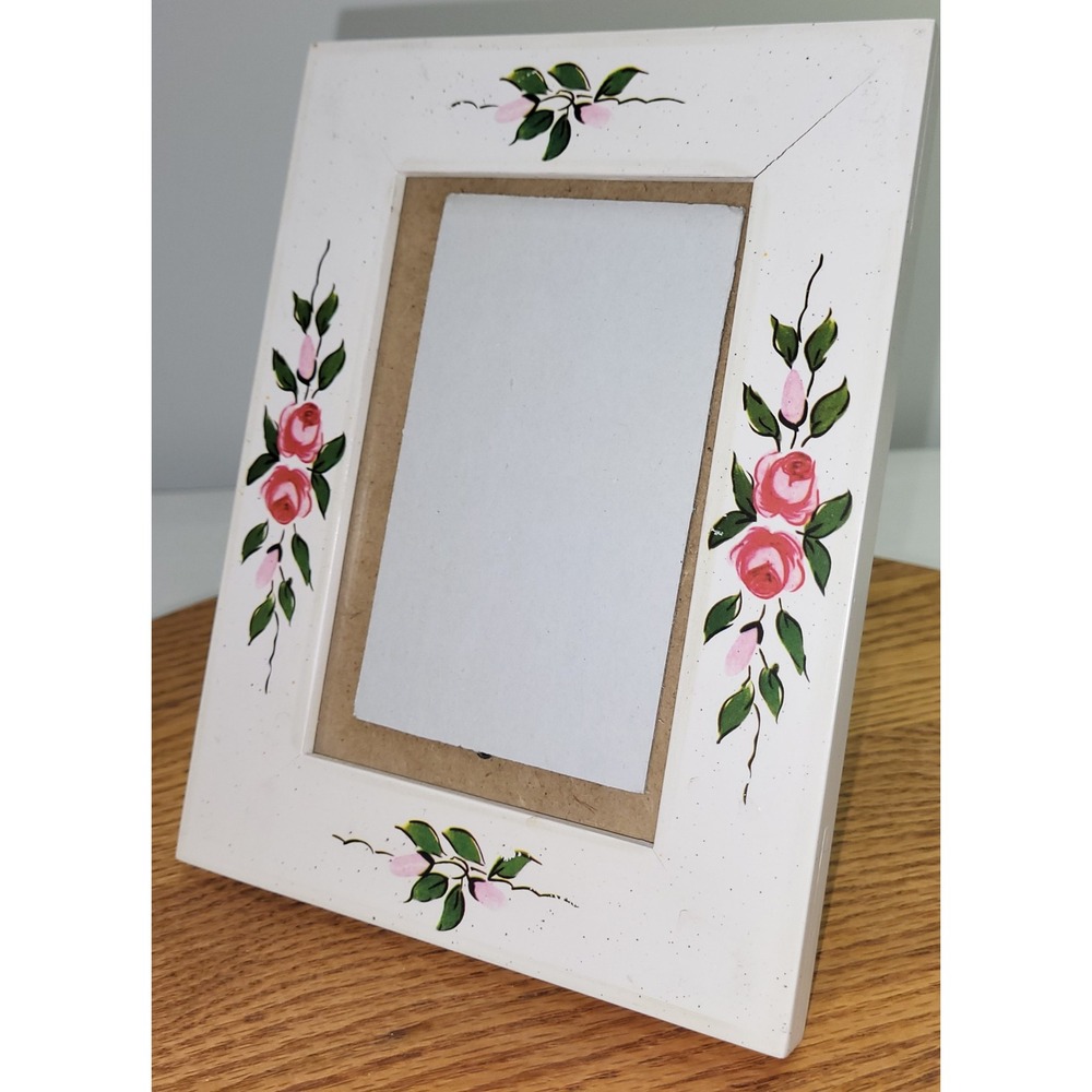Picture Frame Hand Painted Floral Roses White Wood Vintage Cottagecore Decor